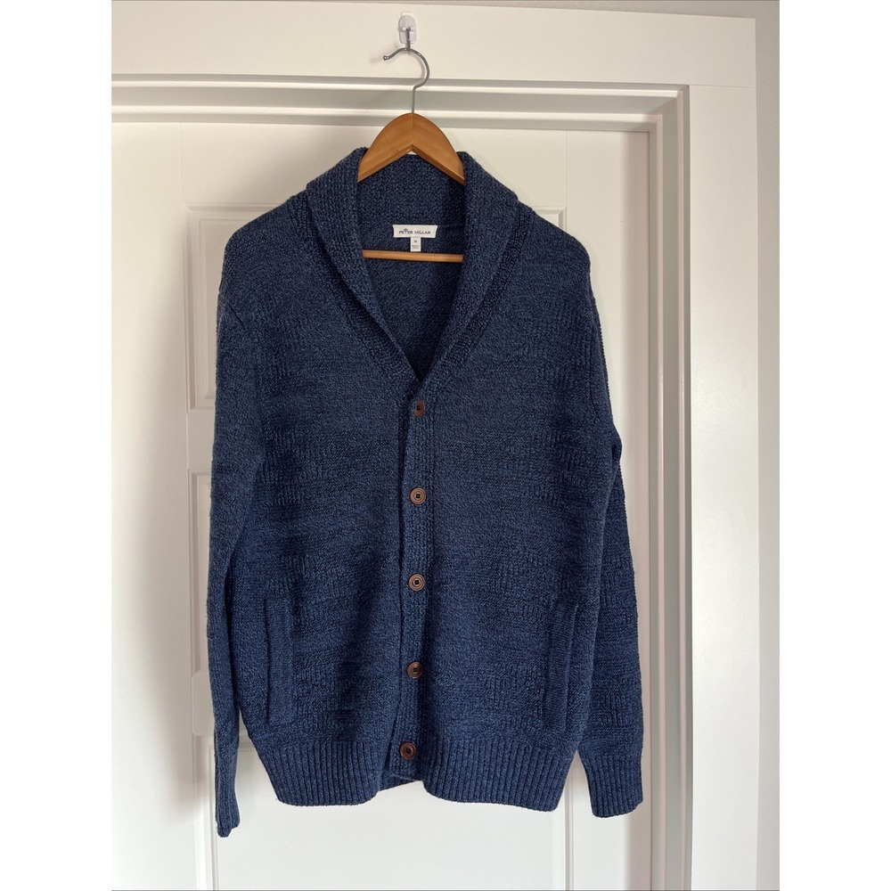 Peter Millar Shawl Collar Cardigan Sweater Mens M Blue Merino Wool Grandpacore